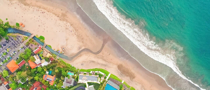 Aerial View Of Beach In Seminyak, Bali, Indonesia. 