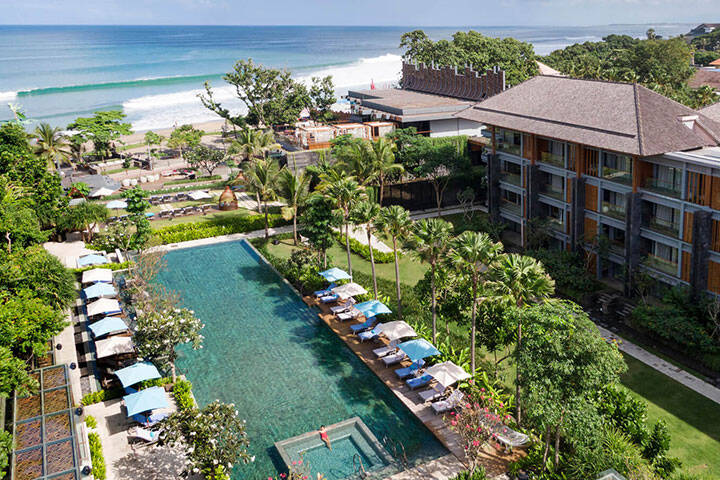Aerial view of Hotel Indigo pool and beach