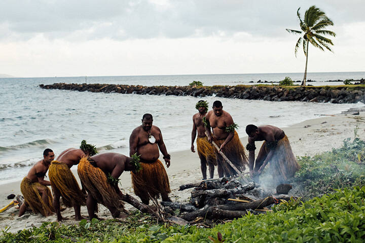 Preparing the hot rocks for traditional fire walking ceremony at The Pearl Resort, Fiji 