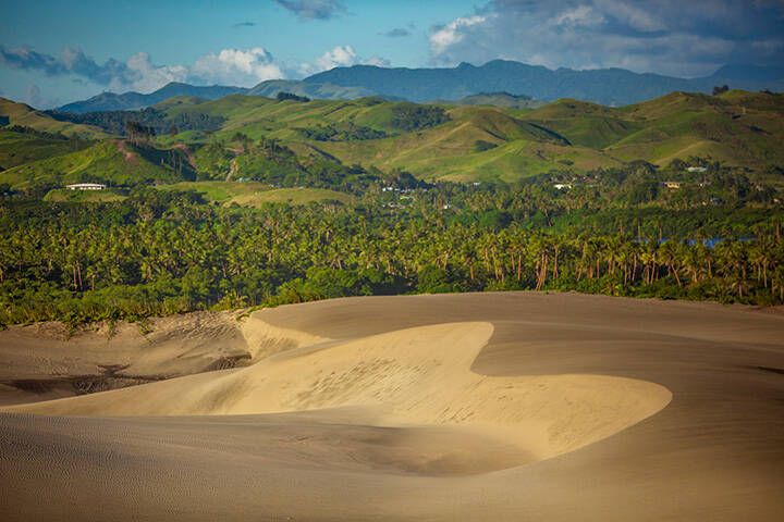 Landscape image of Sigatoka sand dunes looking inland, Fiji