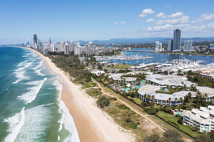 Aerial view of the Southport Spit and Main Beach  