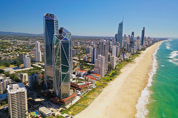 Aerial view of the skyline at Surfers Paradise Beach, Gold Coast
