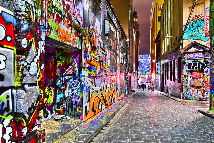View of colorful graffiti artwork at Hosier Lane in Melbourne CBD