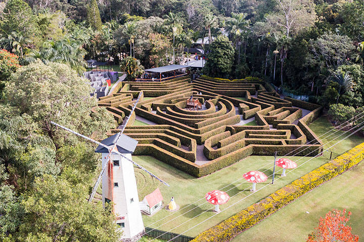 Aerial view of the park and mazes of Amaze World in Sunshine Coast 