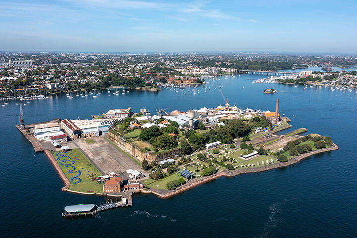 Aerial view of Cockatoo Island 0n the Parramatta river, Sydney, Australia.