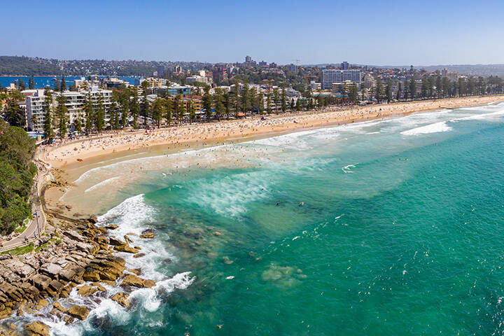 Aerial panorama of Manly beach in Sydney, NSW, Australia