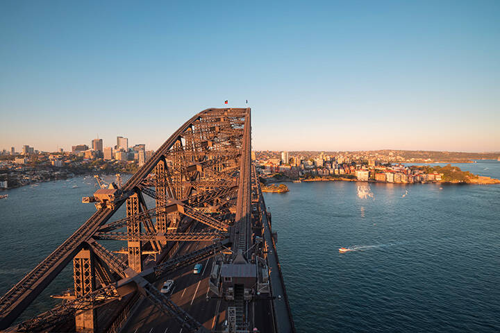 View of the top of Sydney Harbour bridge and water from Pylon Lookout
