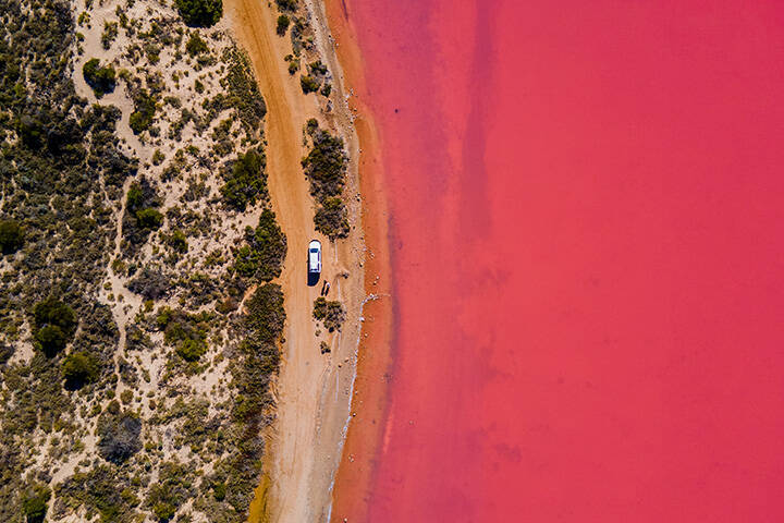 An aerial view of Hutt Lagoon, pink lake, Western Australia.