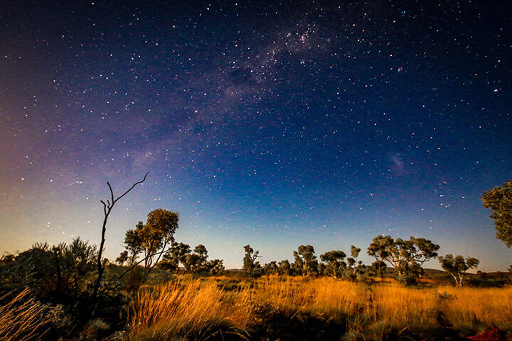 Starry night sky over outback landscape in Western Australia