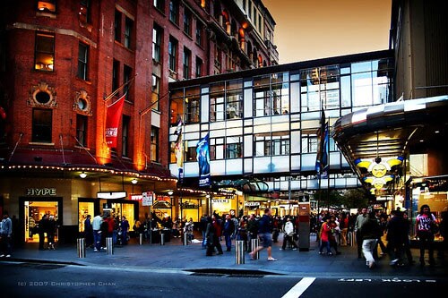 The entry to Sydney's Pitt Street Mall on dusk. Flights to Sydney experiences.