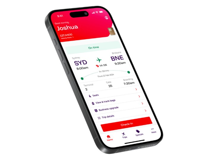Smart phone with Virgin Australia App interface for customers to manage their flight with ease.