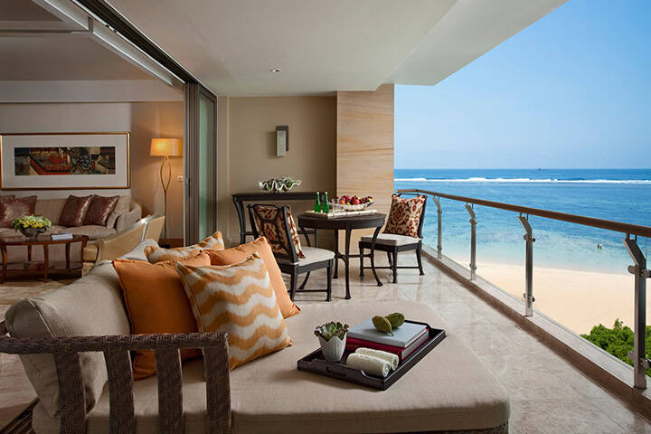 Balcony overlooking the beach at The Mulia Resort in Nusa Dua, Bali