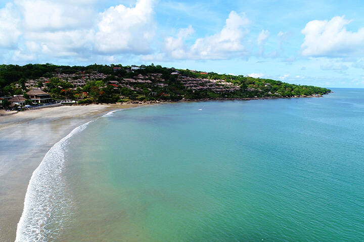 Beach and Sea, drone view of a resorts at Jimbaran Beach, Bali.