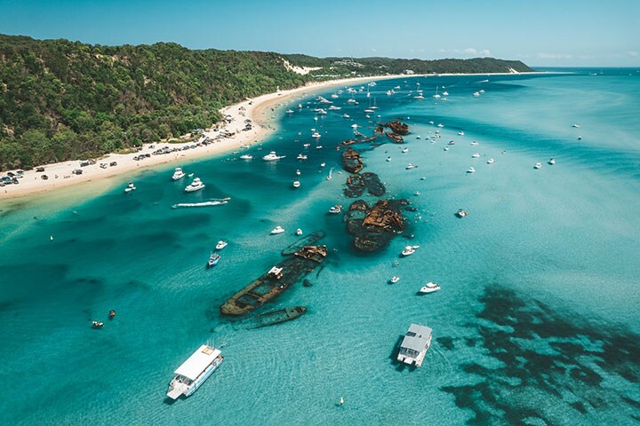 Aerial view of Tangalooma wrecks in Moreton Bay, QLD