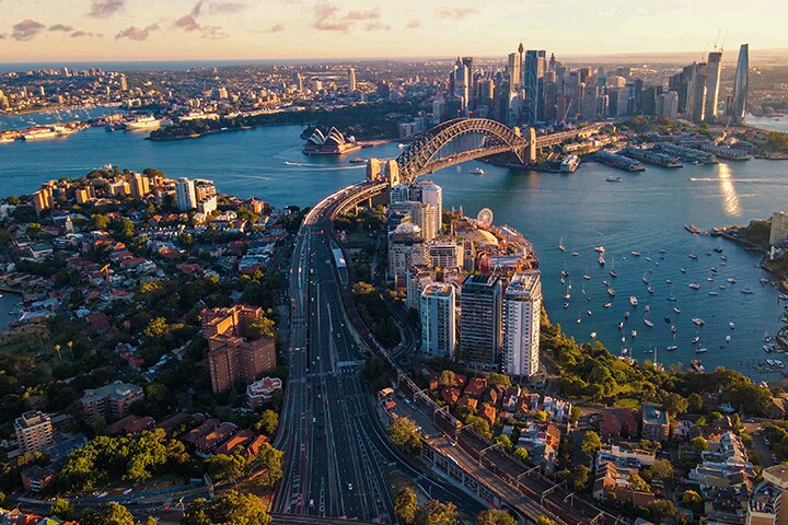 Aerial view of Sydney Harbour, with harbour bridge and opera house