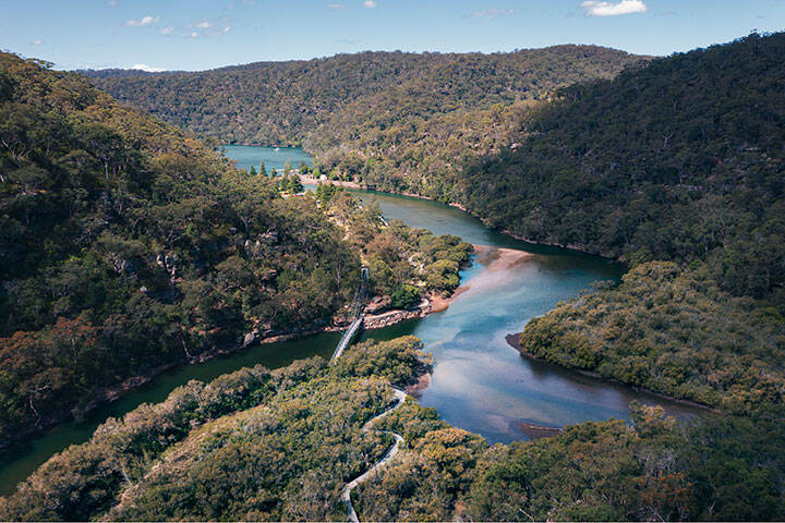 Scenic views across Cockle Creek and the Mangrove Boardwalk along the Gibberagong walking track in Ku-ring-gai Chase National Park.