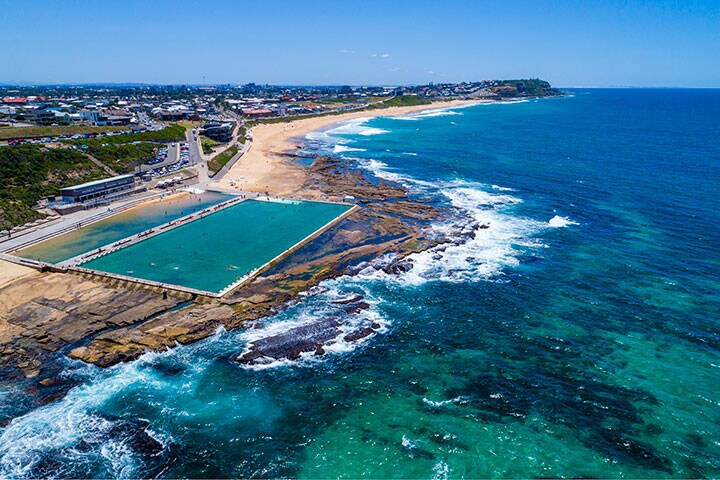 The scenic coastline of the city of Newcastle with views of Merewether Baths.
