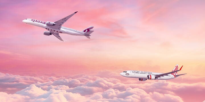 Qatar Airways and Virgin Australia aircraft flying in clouds